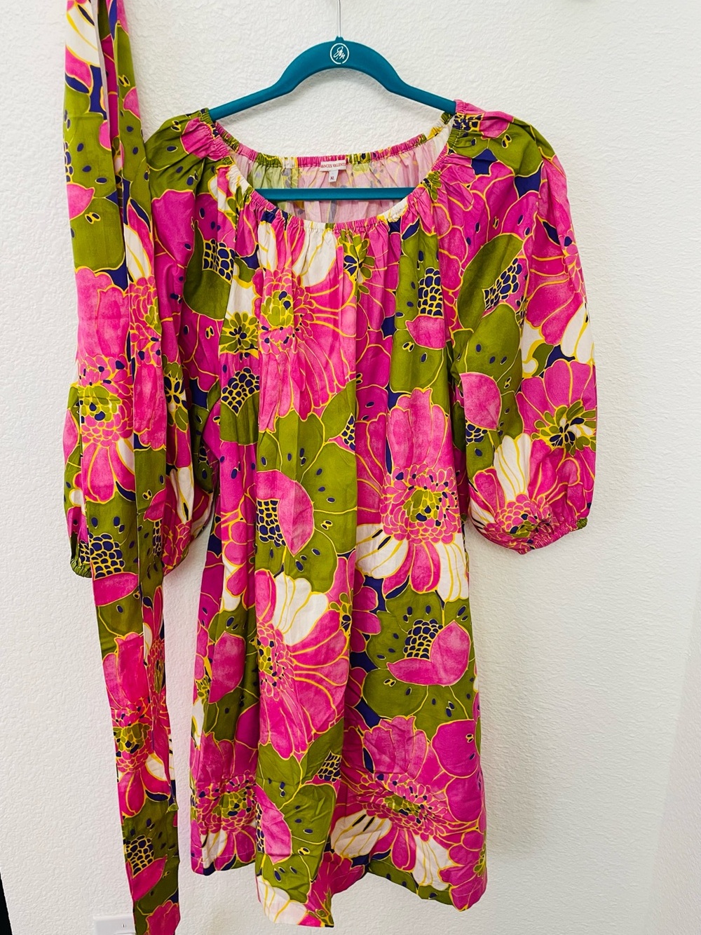Frances Valentine Pink and Olive Floral Puff-Sleeve Dress